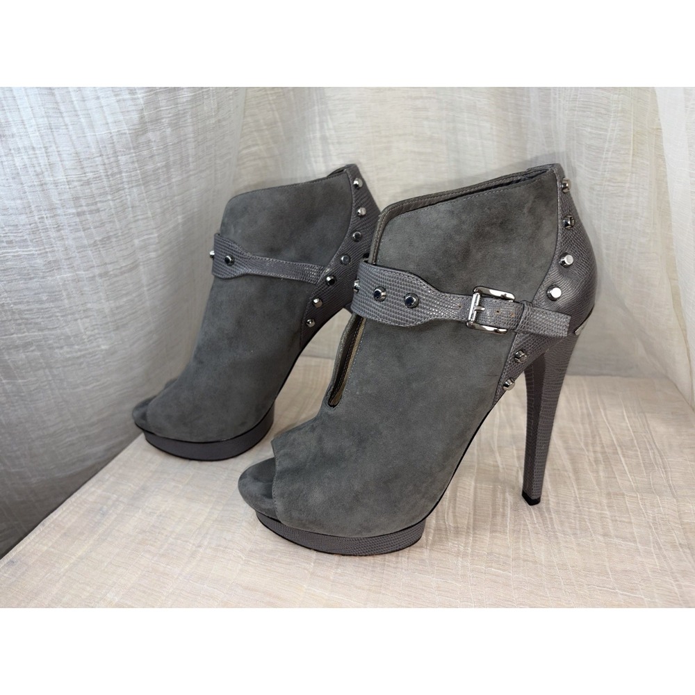 Michael Kors Ailee Gray Suede Studded Peep Toe Platform Ankle Bootie Heels 10M